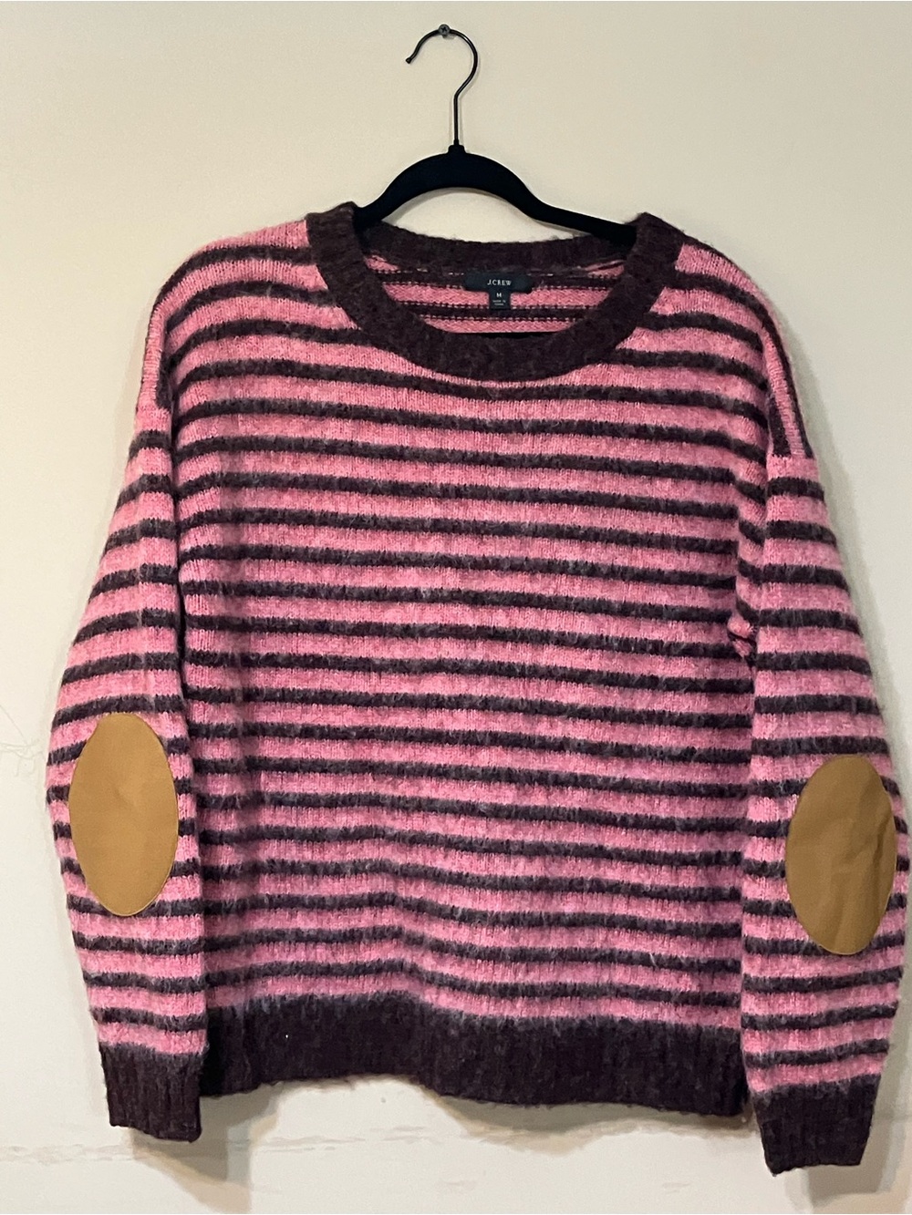 J. Crew Pink and Brown Striped Crewneck Sweater with Tan Elbow Patches